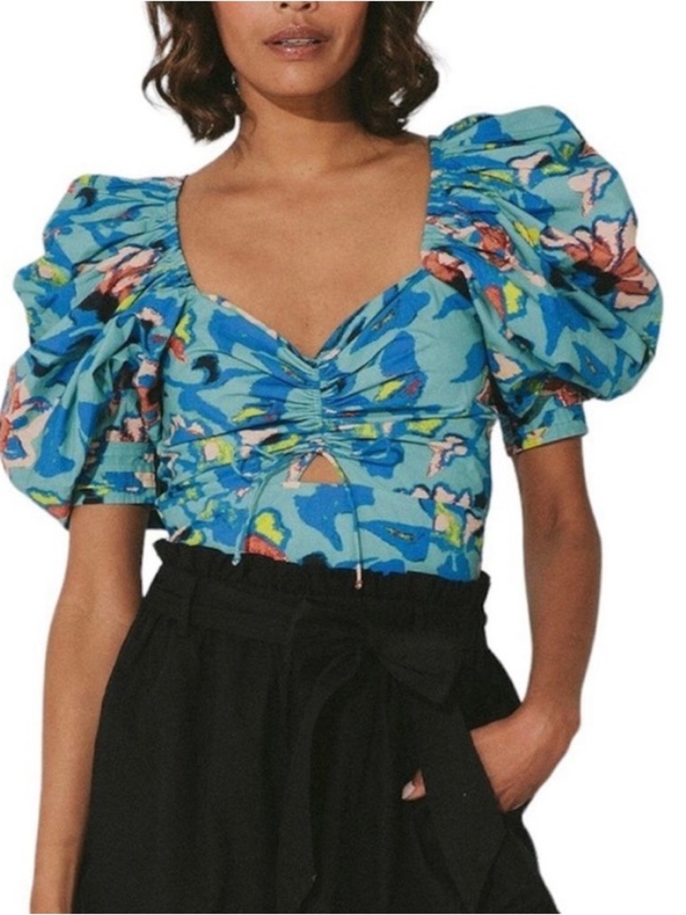 Cleobella Ayla Top Calypso blue puff sleeves tie-back organic cotton small